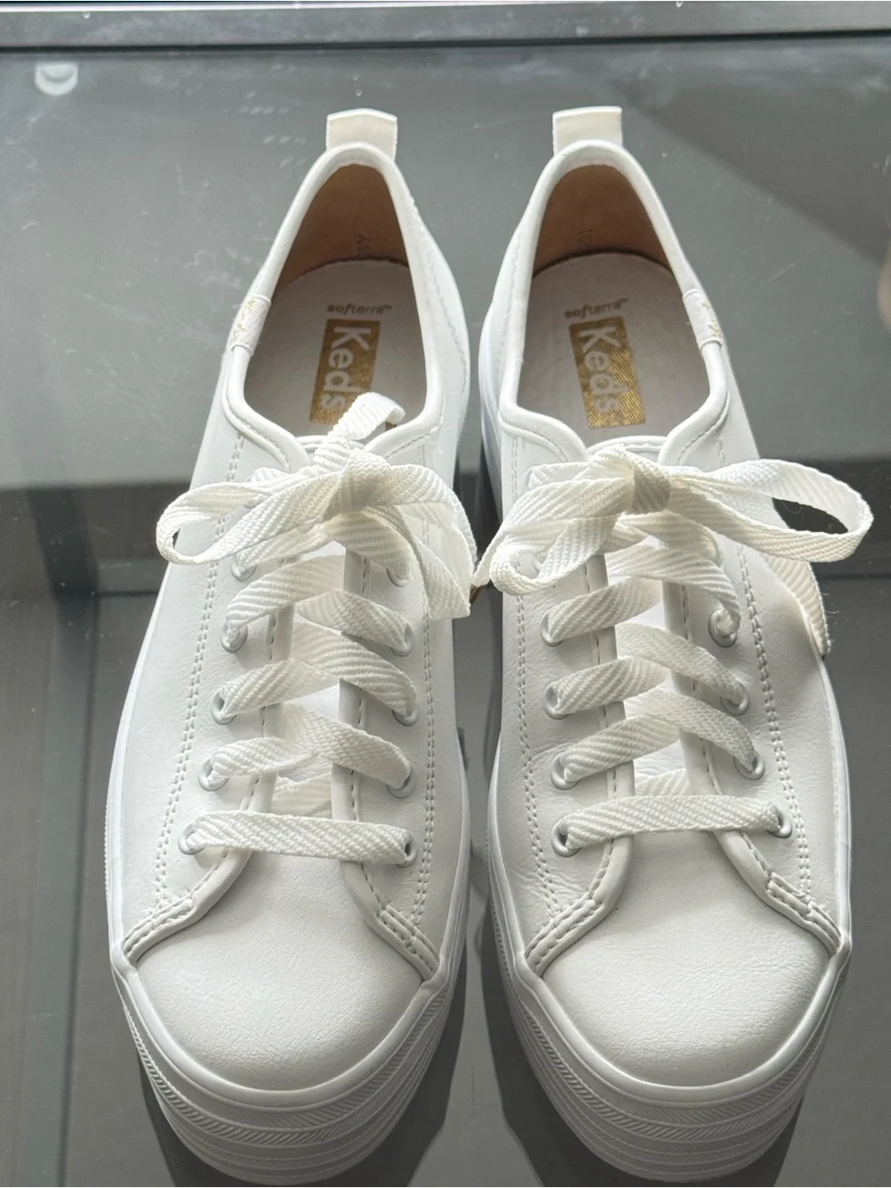 Keds White Platform Lace-Up Sneakers with Gold Eyelet Detail